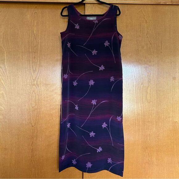 Vintage Norton McNaughton Purple Floral Stripe Maxi Satin Dress Medium Petite - Picture 1 of 7